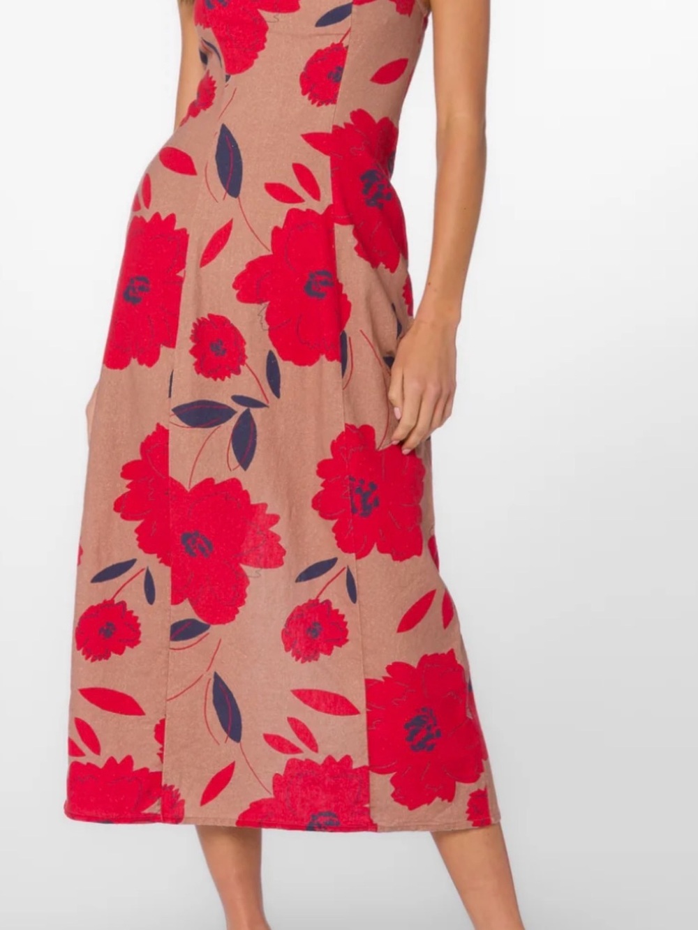 Velvet Heart Strapless Midi Dress in Red Floral on Beige